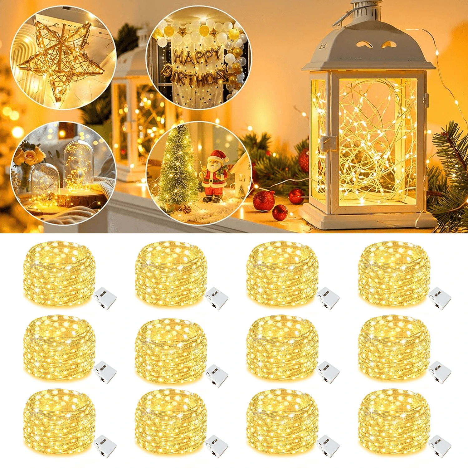 12pack Indoor Fairy String Lights, 10/20 LED Beads, 1M/2M Copper Wire, 3 Modes, Battery Powered, Suitable For Wedding, Christmas, Bouquet, Gift, Tabletop, Home, Holiday Lighting Decoration