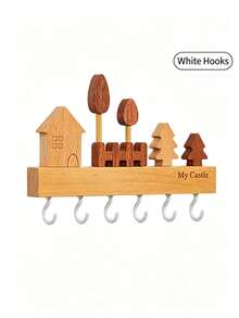 Rak Kunci Kayu My Castle, Dipasang di Dinding dengan 6 Kait, Rak Penyimpanan Kayu Solid Bergaya Pedesaan untuk Pintu Masuk, Desain Rumah dan Pohon, Kait Dinding Tahan Lama, Cocok untuk Kunci, Tas, dan Topi - MultiWarna - View 12
