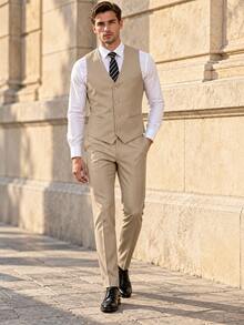 Men's 2 Pieces Suit Set, Vest And Suit Pants, Solid Color Formal Suit Vest And Trousers Set, Business Wedding Party Commute Wear - Champagne - View 6