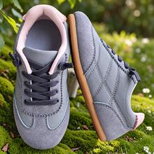 Pink Gray Low-Top Elastic Band Sneakers, Retro Colorblock Casual Shoes, Suede-Like Upper, Thin Rubber Sole - Dusty Blue - View 1