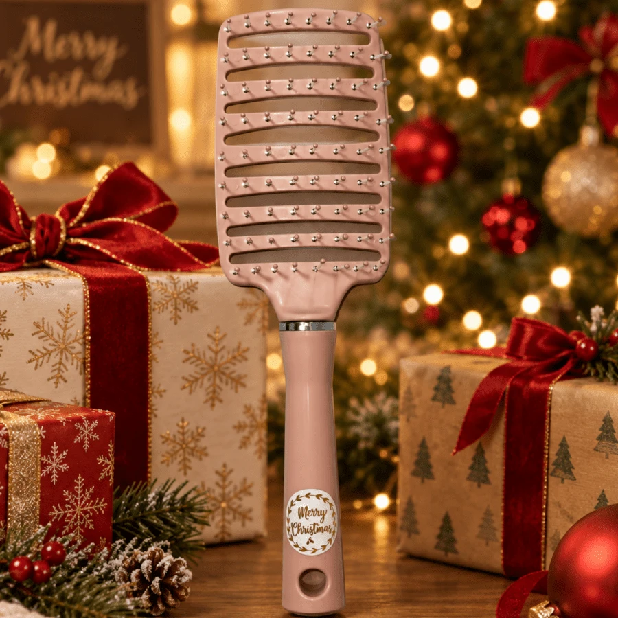 1pc Christmas Themed Fluffy Ribbed Comb With Curved High Crown Design, Comes With Cleaning Hook, Fine-Tooth Design Massages Scalp, Allows Self-Styling At Home, Daily Hair Care Assistant Massage Comb - Christmas Ribbed Comb - View 1