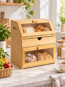 1pc Bamboo Bread Box, Double Layer Bread Storage Container With Clear Windows And Drawer, Countertop Bakery Organizer For Home Kitchen, Pantry, Apartment, Farmhouse Decor, Bread And Pastry Storage - Multicolor - View 6