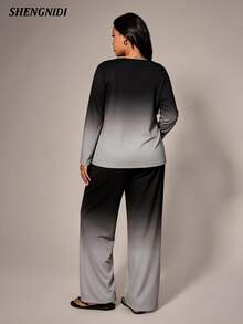 Women's Plus Size Pajama Set Long Sleeve Pants Loungewear, Autumn/Winter - Black and White - View 2