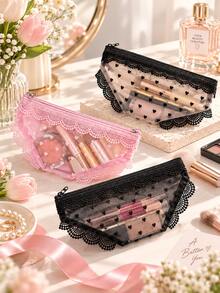Heart-Shaped Mesh Lace Makeup Bag, Cute Portable Cosmetic Storage Pouch, Multi-Functional Travel Organizer Bag, Suitable For Cosmetics, Toiletries, Stationery, Earphones And Small Essentials, Lightweight Zippered Storage Bag, Perfect For Women And Girls - Multicolor - View 1