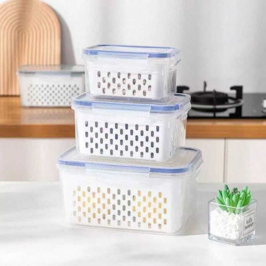 Large Capacity Fruit & Vegetable Storage Container With Removable Colander, Refrigerator Food Storage Box, Extends Freshness Of Berries, Fruits And Vegetables