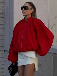 Women's Short Flight Jacket, Stand Collar Zipper Puff Long Sleeve Loose Street Style Short Coat - Red - View 2