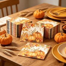 20pcs/40pcs Autumn Watercolor Pumpkin Paper Napkins, Maple Leaf & Berry Print Disposable Table Napkins - Pumpkin and Maple Leaf Napkins - View 2