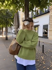 Women's New Autumn/Winter Round Neck Loose Drop Shoulder Slouchy Knit Sweater Top - Green - View 3