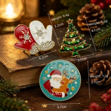 3Pcs Christmas Enamel Brooch Set, Santa Claus Reindeer Glove Tree Lapel Pin, Gold Tone Rhinestone Holiday Badge For Women Clothing Decor Gift - Multicolor - View 6