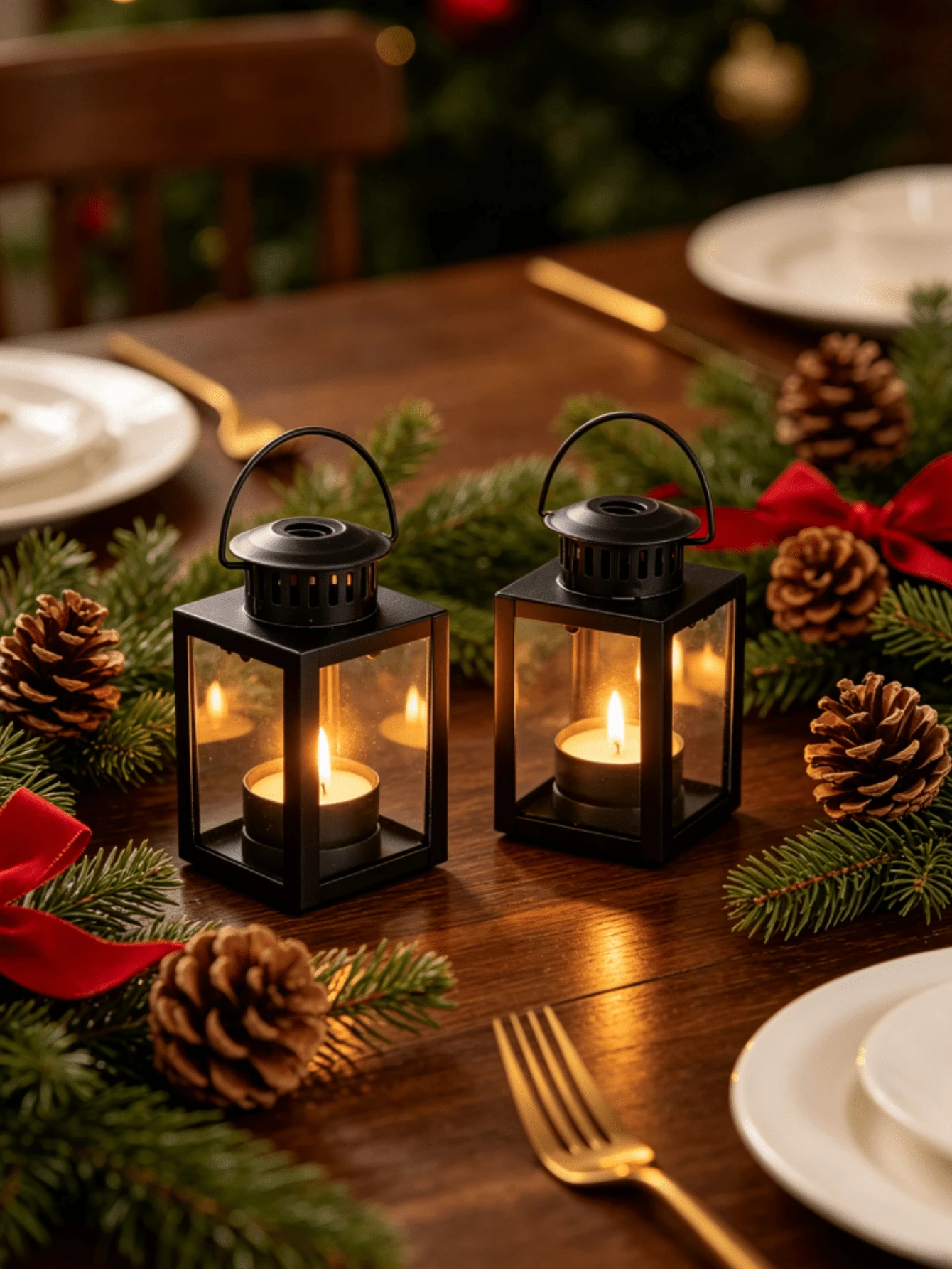 1pc/2pcs Mini Iron & Glass Lantern Candle Holder, Portable Hanging Tea Light Lamp, Windproof Glass Candle Holder Small Lantern, Vintage Desktop Decor For Christmas, Wedding, Party Atmosphere