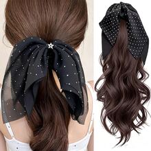 Atmospheric Rhinestone Bow Ponytail Hair Claw Clip For Women, Half-Up Hair Clip, Fake Ponytail With Ribbon, Volumizing Hair Accessory - Black - View 10