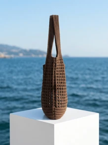 CAJUNI 女款針織單肩包，復古鏤空編織大容量花卉裝飾購物手提包，鉤針包 - 咖啡 - 查看 3