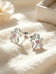 Artepollo 925 Silver Cute Stud Earrings Set Pink Cubic Zirconia Gingerbread Ice Cream Heart Star Screw Earrings Gift Box, Lovely Piercing Jewelry For Girls - Silver - View 3