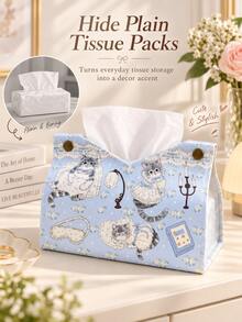 Cute Cat Print Tissue Box Cover, Decorative Fabric Tissue Storage Box, Rectangular Napkin Holder, Bedroom Living Room Desktop Decorative Tissue Storage Rack - Multicolor - View 5