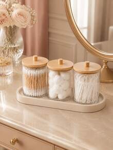 1/3 Packs Bathroom Organizer Set With Silicone Tray, Plastic Storage Canisters With Lids For Vanity Countertop, Cotton Swab Holder, Cotton Ball And Floss Pick Organizer - Multicolor - View 7