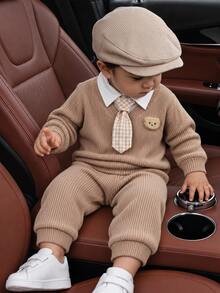 Baby Boy Autumn New Brown Ribbed 2 In 1 Collar Tie Bear Embroidery Long Sleeve Top Gentleman Style Set, Long Pants Jogger Pants Two Pieces Set - Khaki - View 1