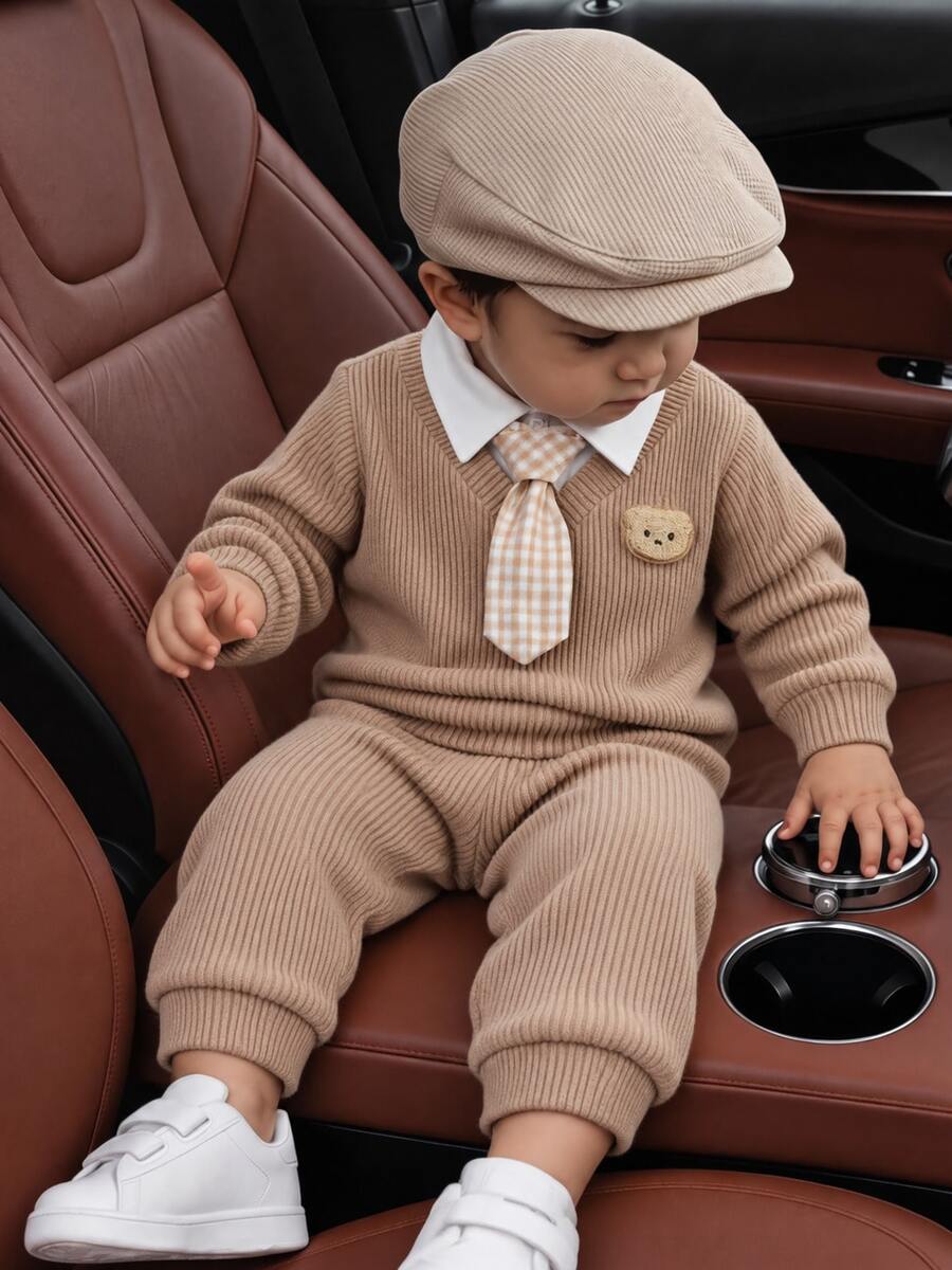 Baby Boy Autumn New Brown Ribbed 2 In 1 Collar Tie Bear Embroidery Long Sleeve Top Gentleman Style Set, Long Pants Jogger Pants Two Pieces Set - Khaki - View 1