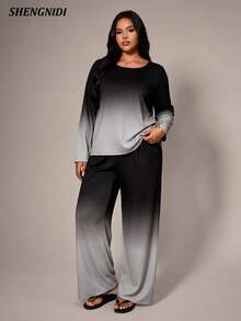 Women's Plus Size Pajama Set Long Sleeve Pants Loungewear, Autumn/Winter - Black and White - View 5