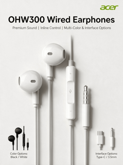 Acer OHW300 Wired Earphones Type-C To 3.5mm Jack, Compatible With PC, IPhone 16, Apple 17, Xiaomi, Huawei, OPPO, Samsung Phones, Plug And Play, Durable, Suitable For Music, Office, And Gaming