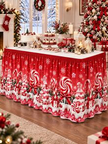 1pc Candy Cane Christmas Table Skirt, Mint Lollipop Snow-Capped Christmas Tree Gift Box Red Bow Snowflake Print Table Edge Cover, Suitable For Dessert Table, Family Gathering And Christmas Party Decoration - Multicolor - View 5