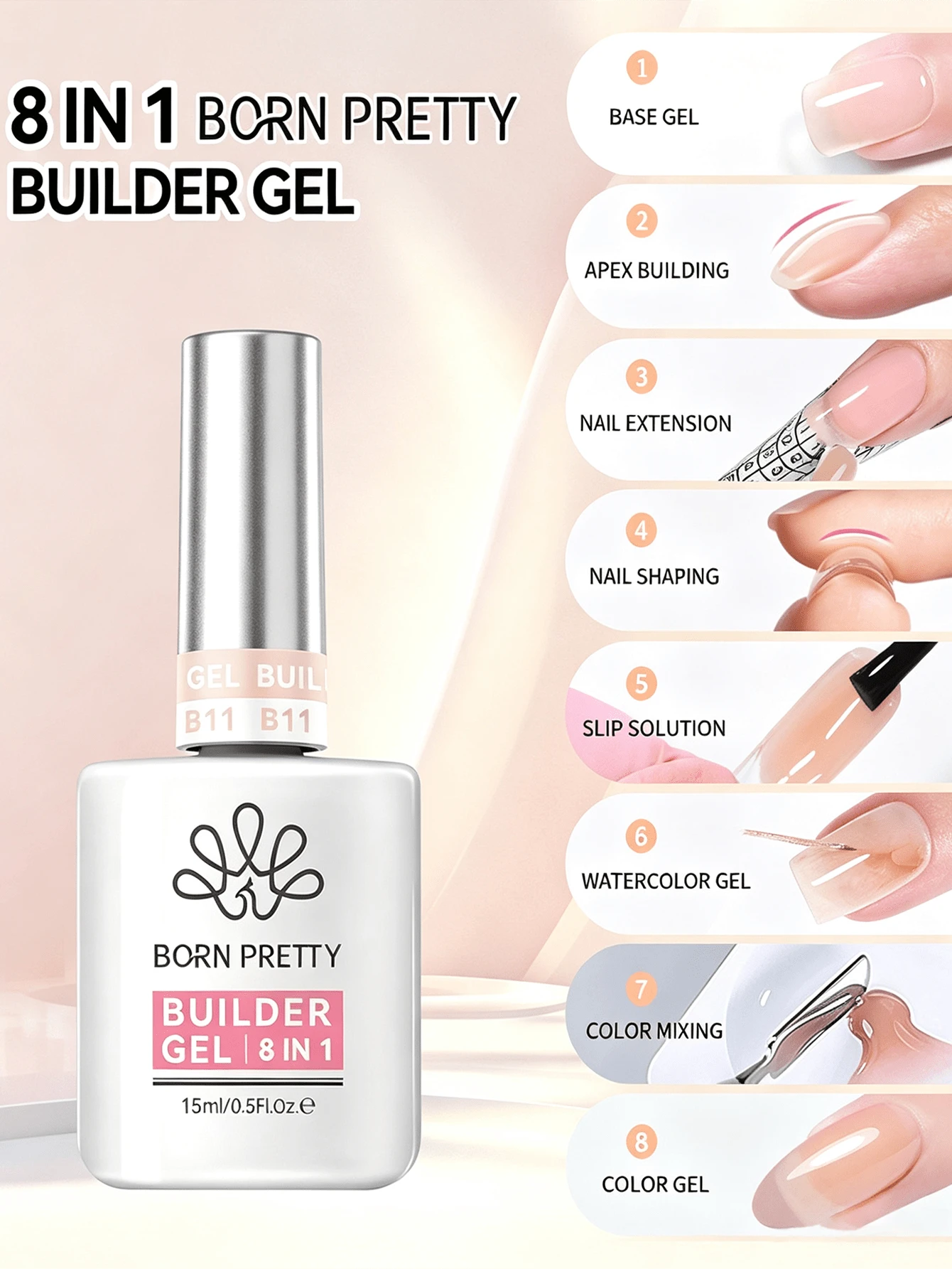 BORN PRETTY 15ML 8-in-1 Builder Gel untuk Kuku, Gel Keras Penutup Nude Netral untuk Pembentukan Apex & Ekstensi Kuku, Gel Dasar Transparan & Perekat Rhinestone, Dikeringkan dengan UV LED untuk DIY di Rumah & Manikur Salon