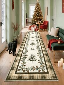 1pc Green Christmas Pine Tree Pattern Long Runner Rug, Velvet Carpet, Suitable For Room Decor, Indoor Door Mat, Living Room Rug, Kitchen Mat, Bedroom Rug, Bathroom Mat, Washable Carpet, Home Decor, Bedroom Decor, Non-Slip Wear-Resistant, Noise-Reducing Sound-Absorbing, Skin-Friendly Soft - Dark Green - View 2