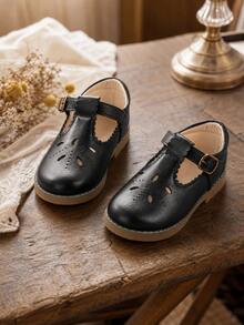 女童棕色瑪麗珍鞋，復古T型綁帶校鞋，扣飾平底鞋，波浪邊飾細節 - 黑色 - 查看 3