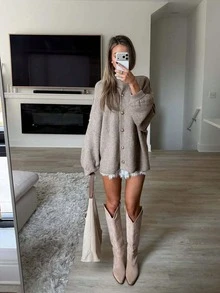 FOR BEAUTY Fall Winter Women Cardigans Y2K Chic Khaki Crew Neck Button Front Sweaters Knit Coats Basic Business Casual Office Going Out Outfits - Khaki - View 1