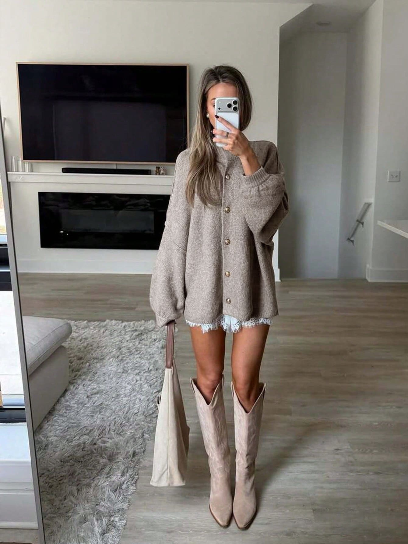 FOR BEAUTY Fall Winter Women Cardigans Y2K Chic Khaki Crew Neck Button Front Sweaters Knit Coats Basic Business Casual Office Going Out Outfits - Khaki - View 1
