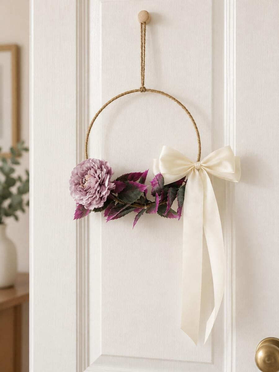 1pc Floral Door Wreath, Purple Peony Circular Hanging Decor, Country Farmhouse Style, Lavender Ivory Bowknot Accents, Spring Wreath, Suitable For Front Door, Porch, Entryway, Living Room, Bedroom, Wedding Party, Summer Home Decor, Housewarming Gift, Wall Decoration, Seasonal Decoration