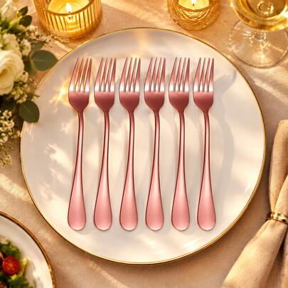 BueDeHai Rose Gold Titanium-Plated Stainless Steel Dinner Forks, Set Of 6, 8.17 Inch Mirror Polished Copper-Tone Flatware, Charming Table Setting