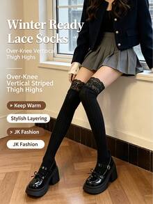 Women's Over-The-Knee Socks, Lace Trim, Slim Fit Vertical Stripe Design, Pure And Seductive Style, Suitable For JK/Japanese Sweet Looks - A - View 7