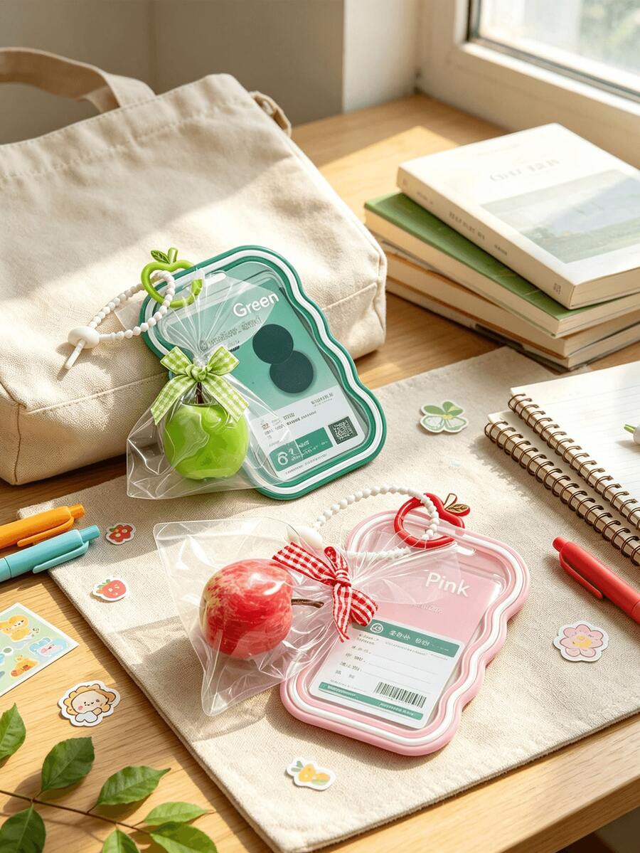 Cute Transparent Card Holder With Apple-Shaped Charm/Keyring, Acrylic ID Holder Keychain, Suitable For School, Office, Commuting, Travel, Can Be Hung On Bags, Backpacks Or Put In Pockets - Multicolor - View 1