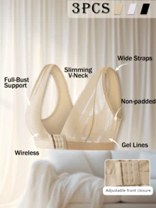 3 Pcs Striped Mesh Front Hook Wireless Bra, Deep V Wide Strap Comfort Push Up Soft Breathable Daily Lingerie Set,Size Runs Large - Multicolor - View 8