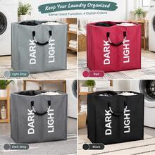 Giỏ phân loại quần áo giặt 2 ngăn, 23x53x53cm, vải Oxford gấp gọn với tay cầm nhôm, chia màu sáng và tối để lưu trữ quần áo bẩn, phù hợp cho phòng tắm, phòng ngủ, phòng giặt - Màu xanh nhạt - Xem 4