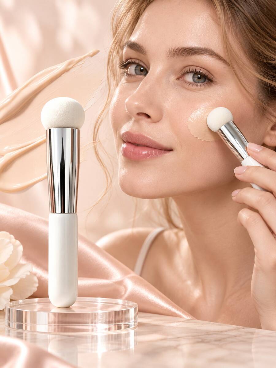1pc Round Foundation Brush, Soft And Dense Bristles, Smooth Blending Tool For Liquid Foundation, Concealer And Cream Products, Portable Makeup Applicator, Suitable For Natural Base, Daily Makeup And Travel - Multicolor - View 1
