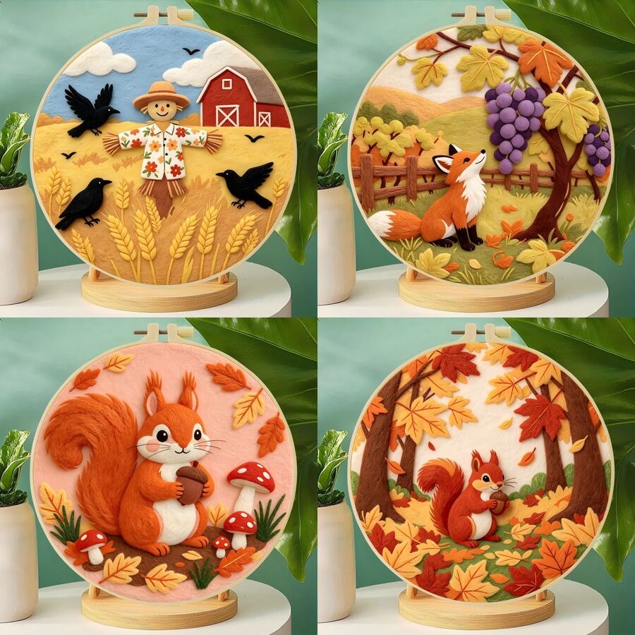 20x20cm/7.9x7.9 Inch DIY Needle Felting Starter Kit,Wool Felt,Autumn Animal Theme Includes Instruction Manual,Embroidery Frame,Stamping Needle,Foam Padding,Wool And Felt,Handicraft Embroidery For Home Decoration,Suitable Gift For Special Occasions