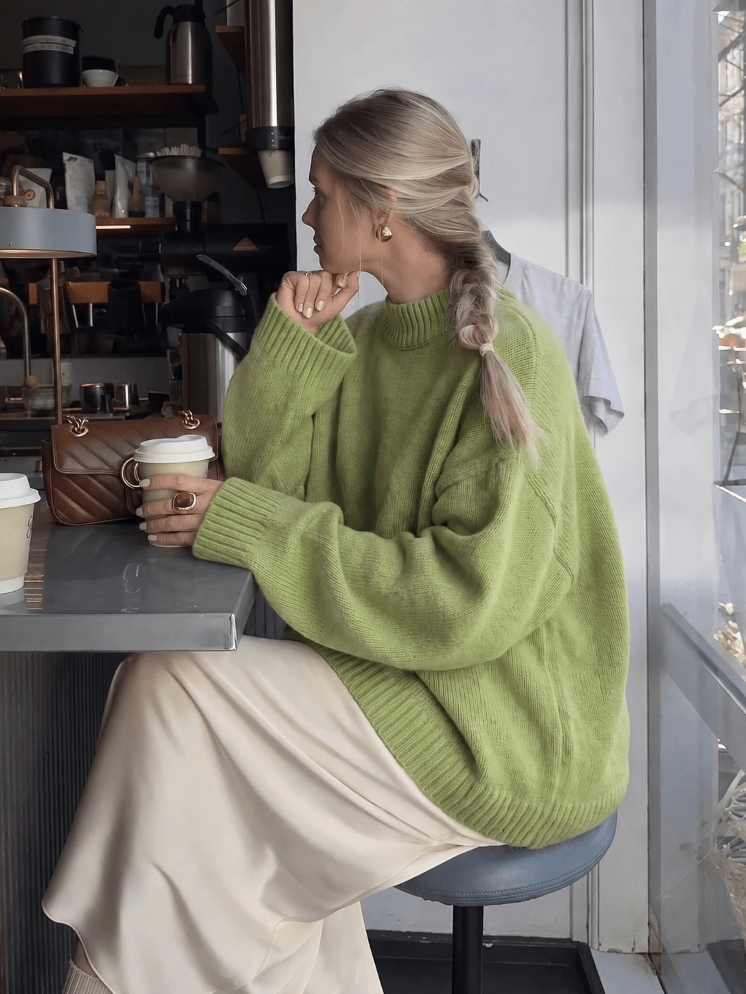 Women's New Autumn/Winter Round Neck Loose Drop Shoulder Slouchy Knit Sweater Top - Green - View 1