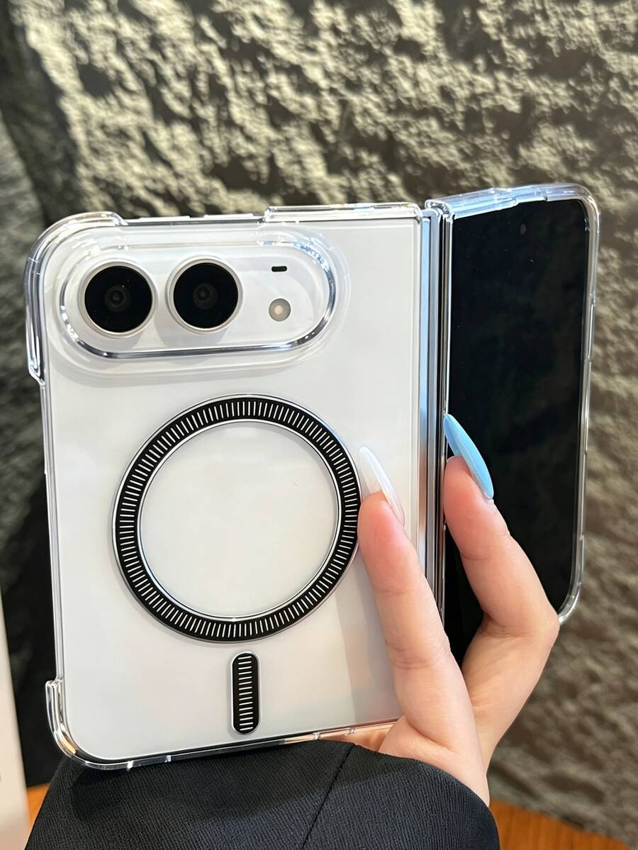 極簡時尚透明磁吸手機殼,相容 iPhone 18 Ultra,支援折疊無線充電,硬 PC 防震保護殼 - 透明黑色 - 查看 1