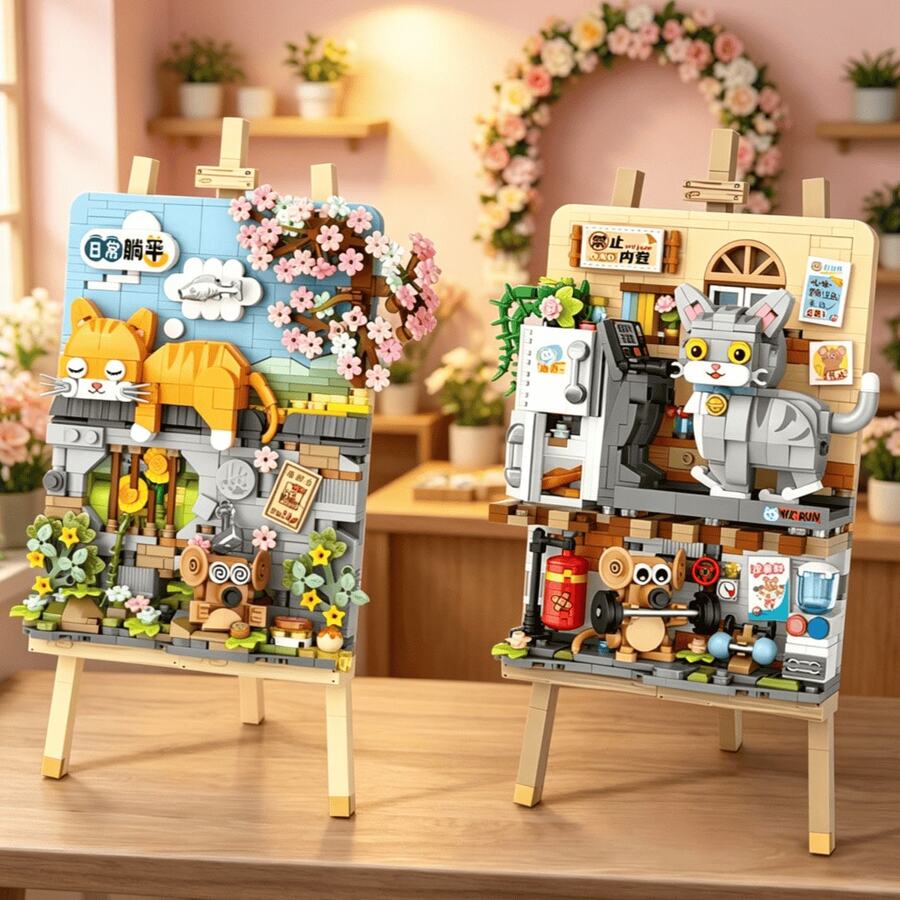 Cute Cat-Themed Easel Building Block Set, 2 Creative 3D Painting Board Assembly Models With Fun Scene Accessories, Educational Toy To Develop Children's Hands-On Skills And Creative Thinking, Family Bonding Leisure Toy, Can Be Used As Personalized Desktop Decor After Assembly, Suitable For Gifts Or Personal Use - Multicolor - View 1