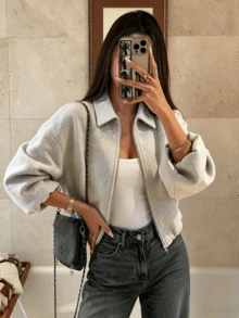 Fashionable Lapel Zipper High Waist Casual Grey Short Jacket - Light Grey - View 3
