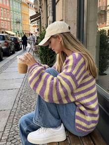 Women's Cute Commute V-Neck Long Sleeve Knit Cardigan, Soft Ribbed Knit Striped Cardigan, Autumn Daily Comfortable Minimalist Loose Top - Purple - View 1