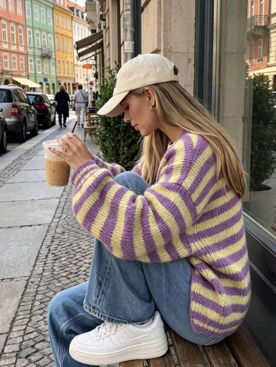 Women's Cute Commute V-Neck Long Sleeve Knit Cardigan, Soft Ribbed Knit Striped Cardigan, Autumn Daily Comfortable Minimalist Loose Top - Purple - View 1