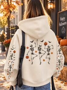 Women's Halloween Skeleton Dance Pattern Sweatshirt Pullover, Essential Autumn Printed Sweatshirt, Plus Size Women's Casual Autumn/Winter Long Sleeve Pocket Sweatshirt Sweatshirt, Suitable For Winter Holiday Outfits, Beach Outfits, Vacation Outfits, Autumn Outfits, Halloween Outfits, Christmas Outfits, New Year Outfits. Suitable For Daily Wear, Going Out Tops, Outings, Holidays, Beach, Parties, Birthdays, Beach, Gatherings, School, Music Festivals, Vacations, Commuting, Fitness, Weddings, New Year, Fashionable. - Apricot - View 1