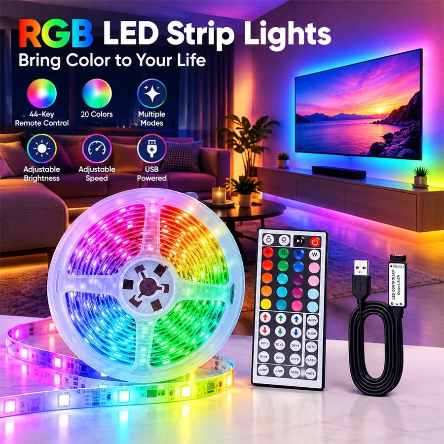 RGB LED Light Strip, 44-Key Remote Control, USB Powered Color Changing Light Bar, TV Backlight, Bedroom And Living Room Ambient Lighting, Halloween Party Decoration - 44-key RGB LED Strip - View 1
