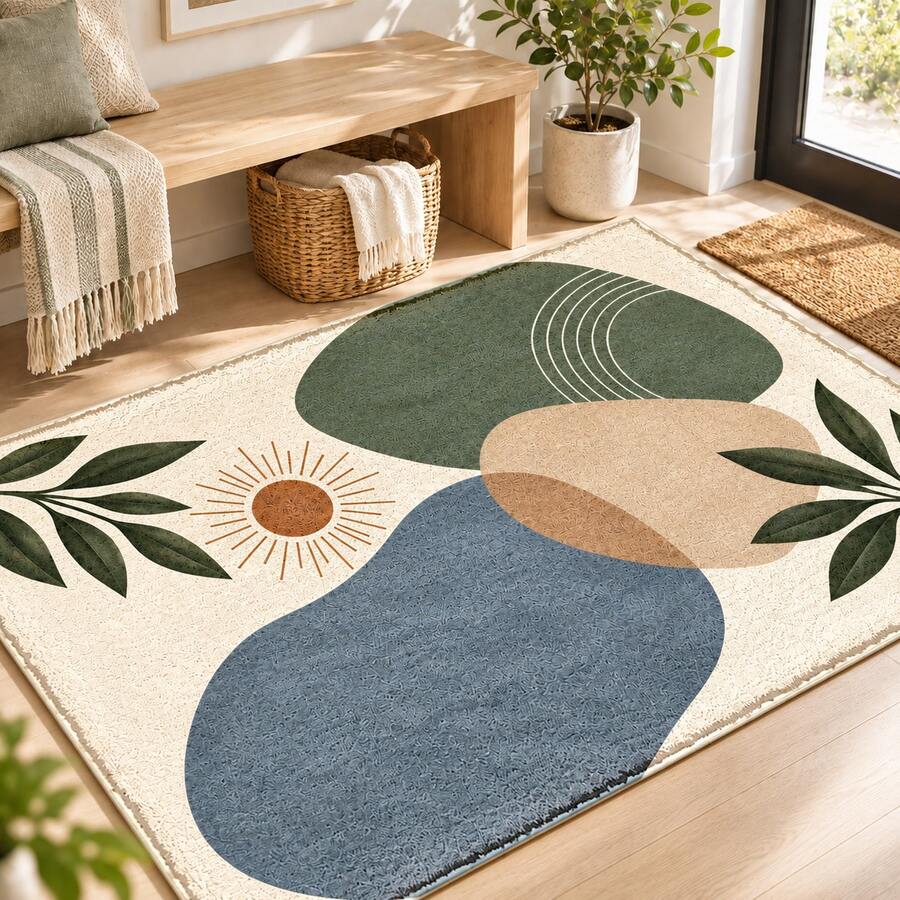 1PC Rust Orange Blue Leaf Print Faux Cashmere Rug, Contemporary Abstract Rectangular Area Rug And Floor Mat With Wavy Color Blocks, Artistic Home Decor For Living Room, Bedroom, Kitchen Or Hallway - Multicolor - View 1