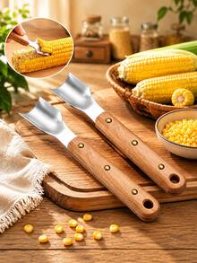 1/2pcs Wooden Handle Corn Stripper Tool, Stainless Steel Corn Kernel Remover With Riveted Handle, Manual Corn Peeler & Cob Scraper For Fresh Corn, Kitchen Cooking Tool - Multicolor - View 2