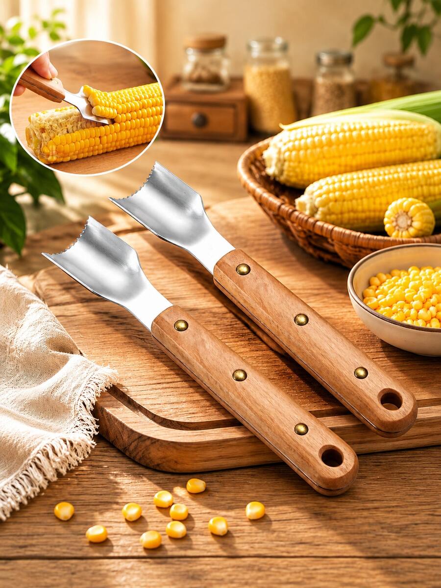 1/2pcs Wooden Handle Corn Stripper Tool, Stainless Steel Corn Kernel Remover With Riveted Handle, Manual Corn Peeler & Cob Scraper For Fresh Corn, Kitchen Cooking Tool