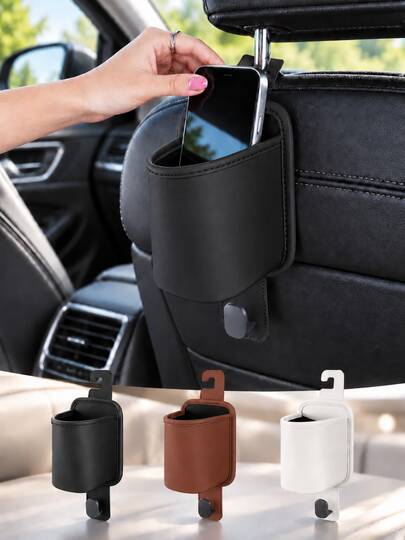 1pc PU Leather Car Headrest Cup Holder Storage Bag, Backseat Hanging Organizer Pocket With Bottom Hook, Seat Back Drink Holder For Water Bottle, Cup, Keys, Umbrella And Handbag, Universal Car Interior Storage Accessory For Sedan, SUV, Truck