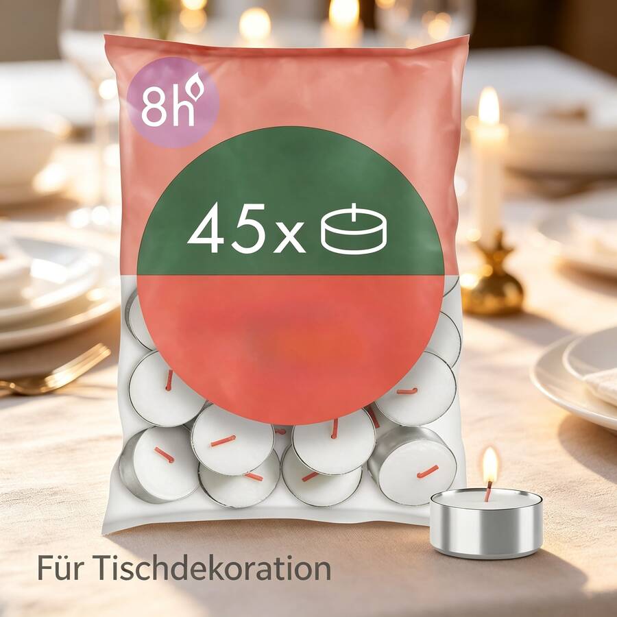 45-Pack White Tea Lights Made From Natural Plant Wax, Long-Lasting With Up To 8 Hours Burn Time, Versatile Decorative Candles For Table Settings, Parties, Weddings, And Living Rooms - 45pcs - View 1